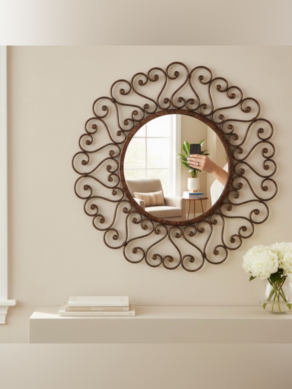 Round Wrought Iron Scrollwork Wall Mirror Bronze Heart Motif 23.5" Heavy